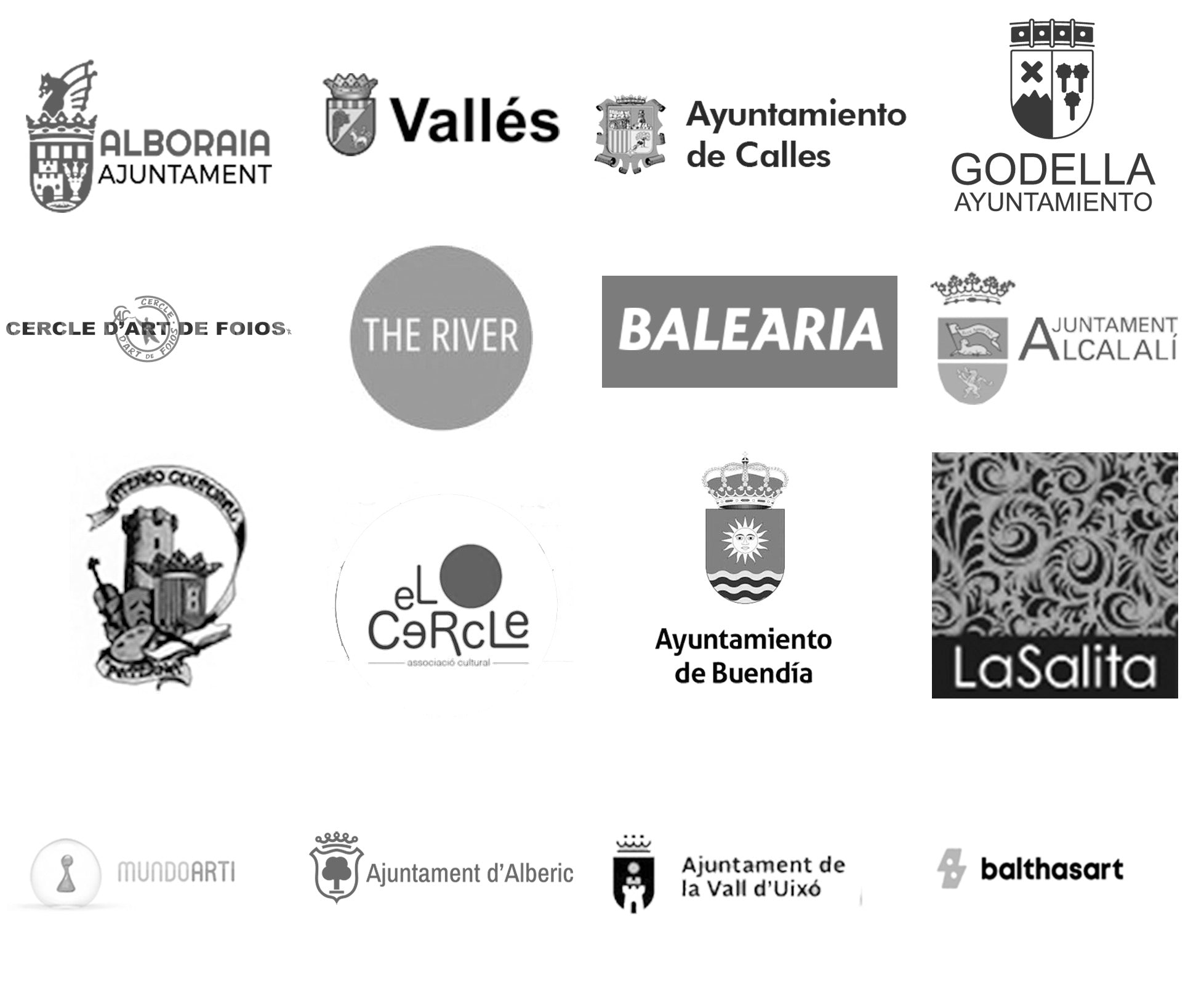 Amigos con los que Mariló Nieto ha expuesto sus obras de arte. Logos de todas las entidades en escala de grises.