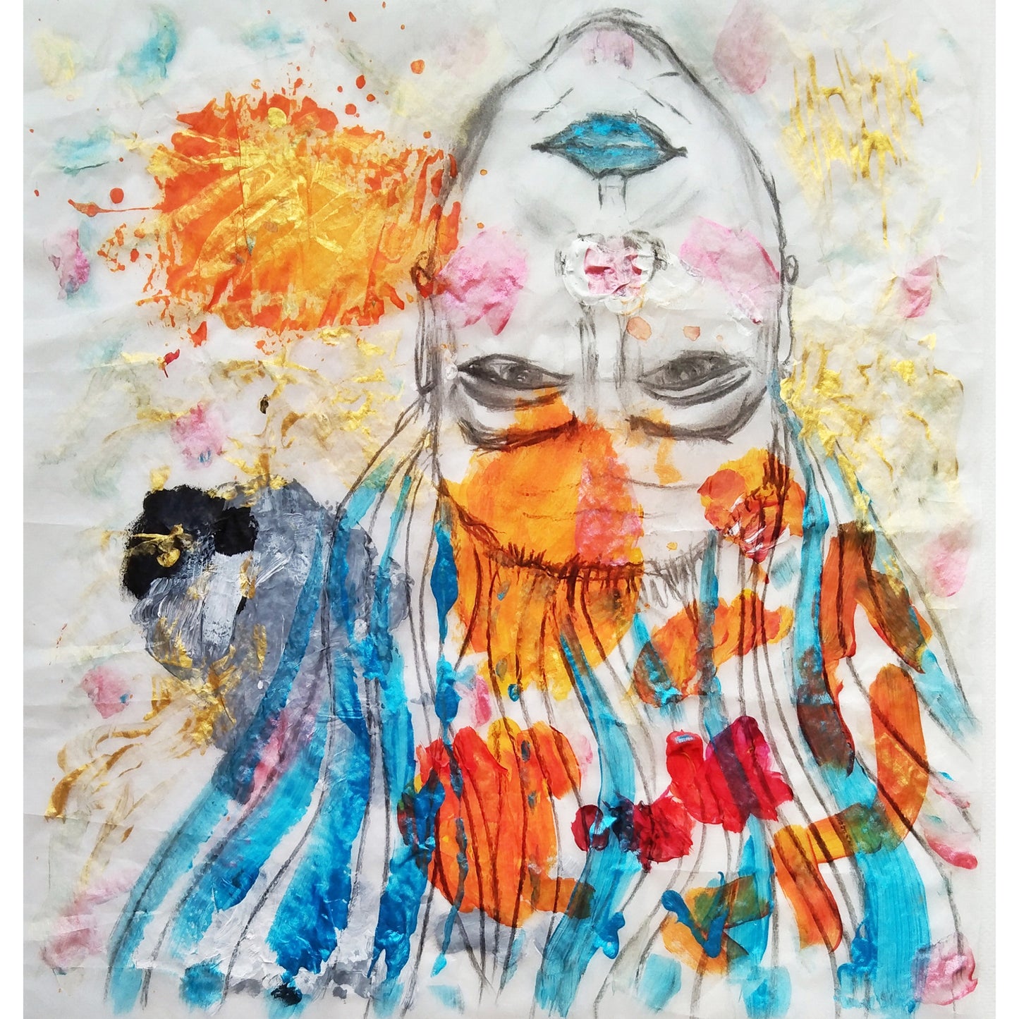 Imagen principal de la obra Cargas. Obra realizada en acrílico y carboncillo. Se ven las manchas de color y un autoretrato cabeza abajo pintado en carboncillo, con preciosos colores.