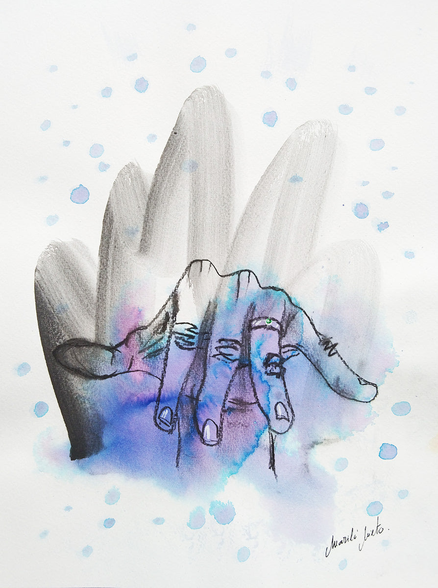 Dibujo de una mano extendida para ser besada, sobre fondo violeta en acuarela. Gesto elegante y símbolo de elección infantil.