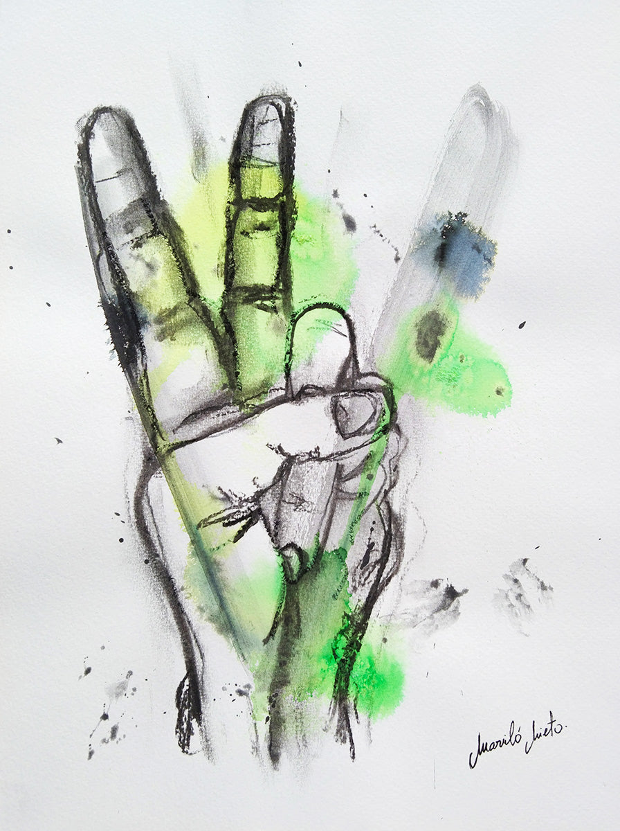 Acuarela de la Mano Victoriosa, con el gesto de la victoria exagerado en tonos verdes y grafito, simbolizando el triunfo después del sacrificio.