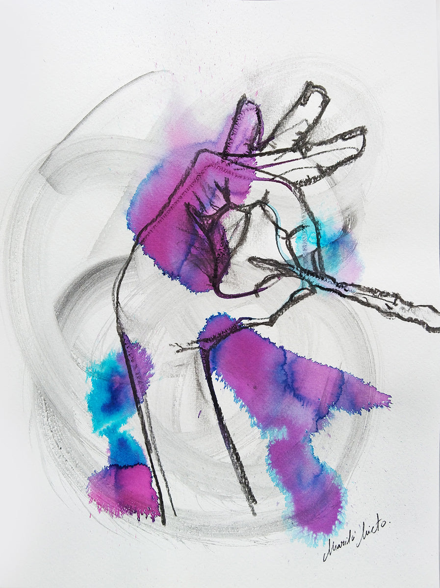 Dibujo de una mano en gesto mágico, realizado en acuarela y carboncillo. Obra dedicada a los magos de corazón y a la fantasía interior.