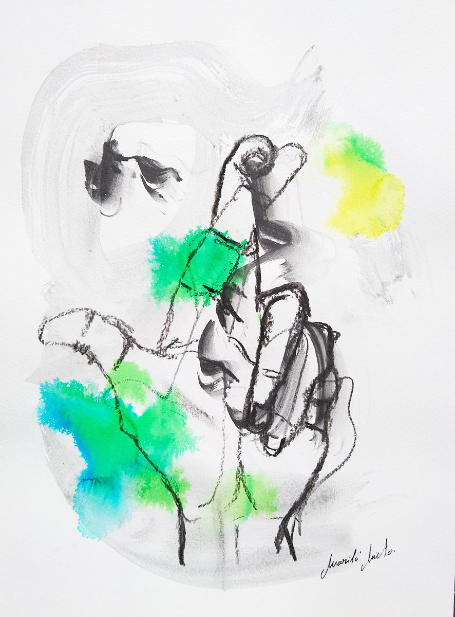 Acuarela de la Mano Suertuda, haciendo el gesto de la suerte en tonos amarillos y azules, simbolizando la conexión entre suerte y esfuerzo personal.