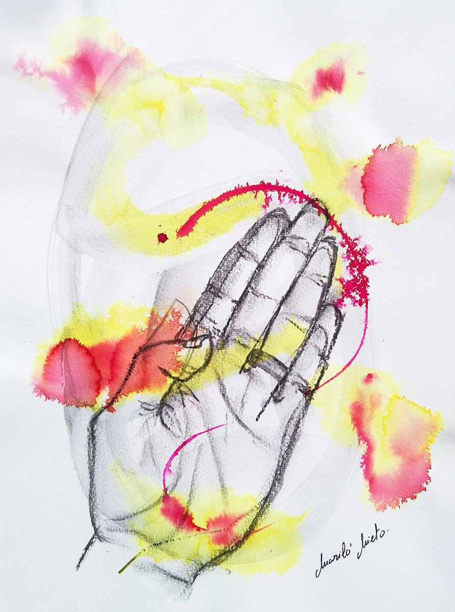 Dibujo de una mano en gesto de karate, realizado en acuarela y carboncillo. Obra humorística sobre la vida familiar.