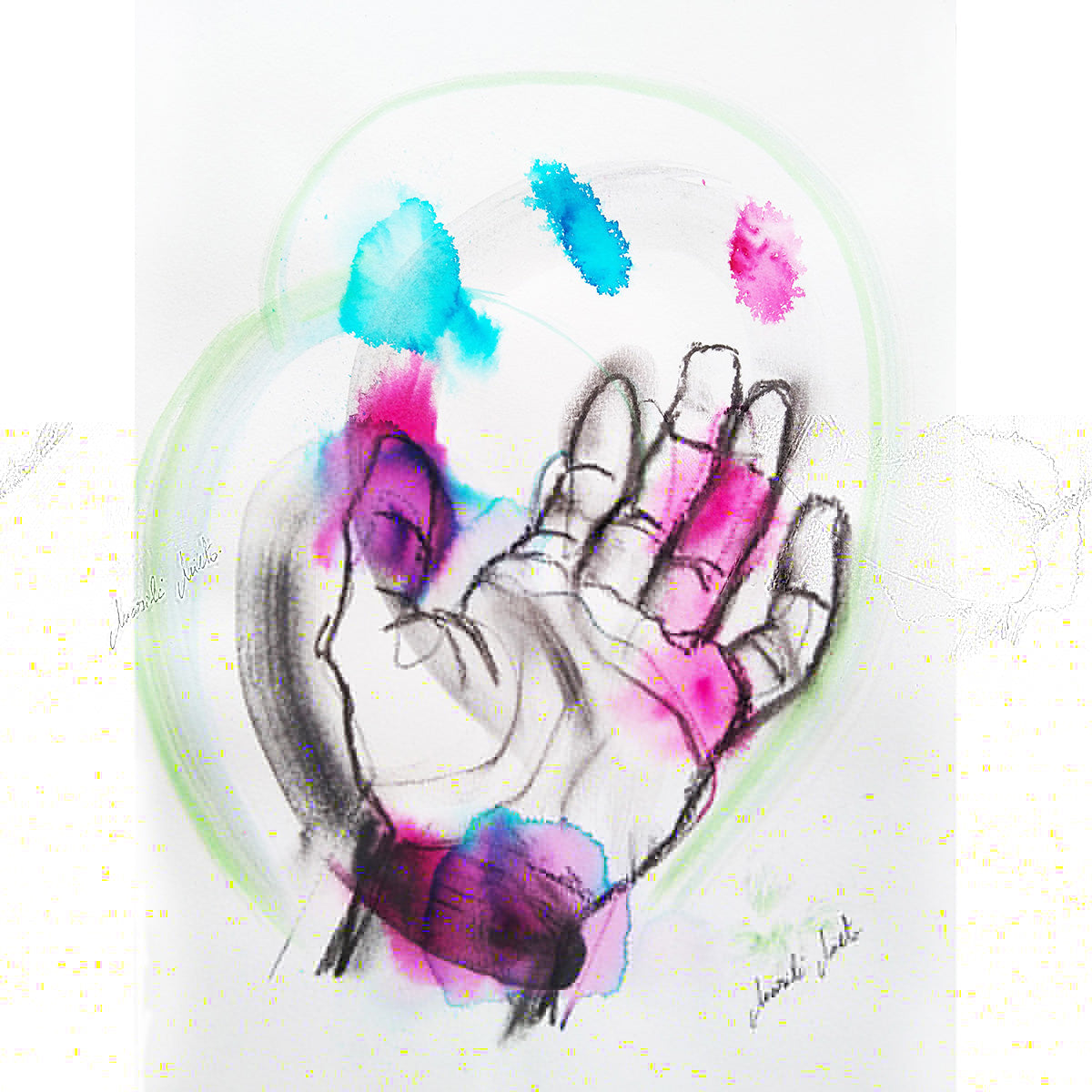 Dibujo expresivo de una mano con la palma hacia arriba, en acuarela rosa y azul. Gesto relajado, parte de Manos Expresivas. Formato cuadrado.