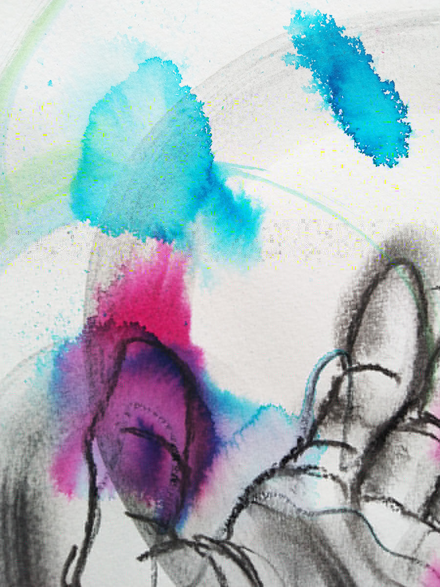Detalle dedos de la Mano Osea, con los dedos sueltos y colores potentes en acuarela.