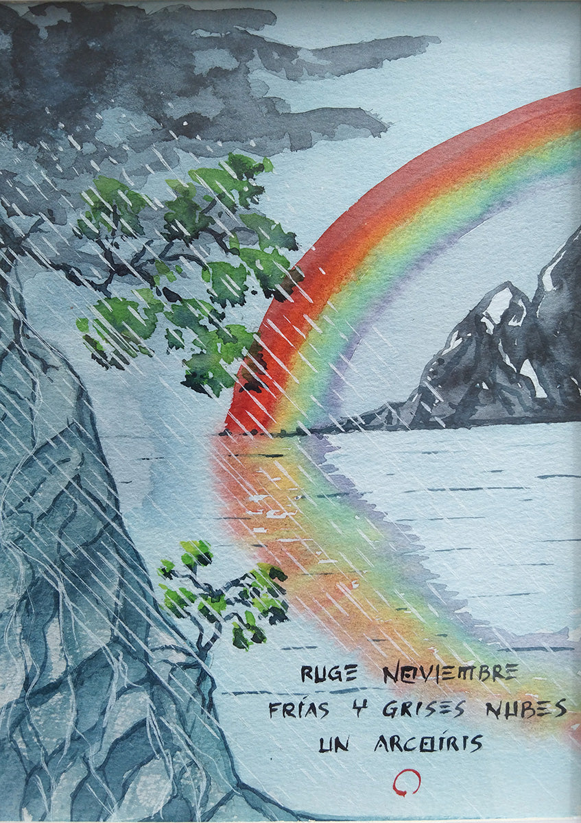 Haiga en acuarela Ruge Noviembre, paisaje montañoso bajo nubes grises con un arcoíris emergente. Obra sobre esperanza y renovación tras la tormenta.