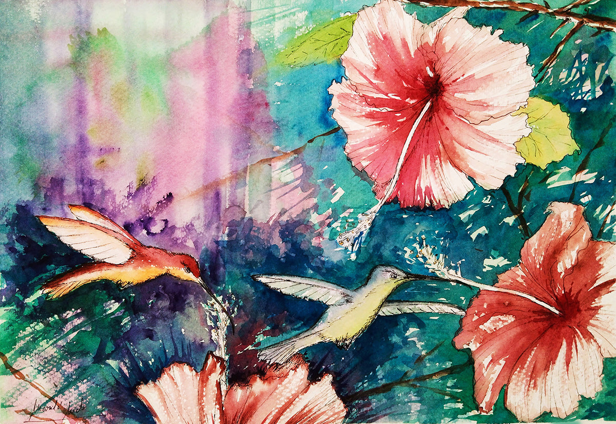 Detalle próximo en acuarela de los colibríes y las flores en la obra Colibríes II, mostrando la fluidez del pincel y la delicadeza de los movimientos.