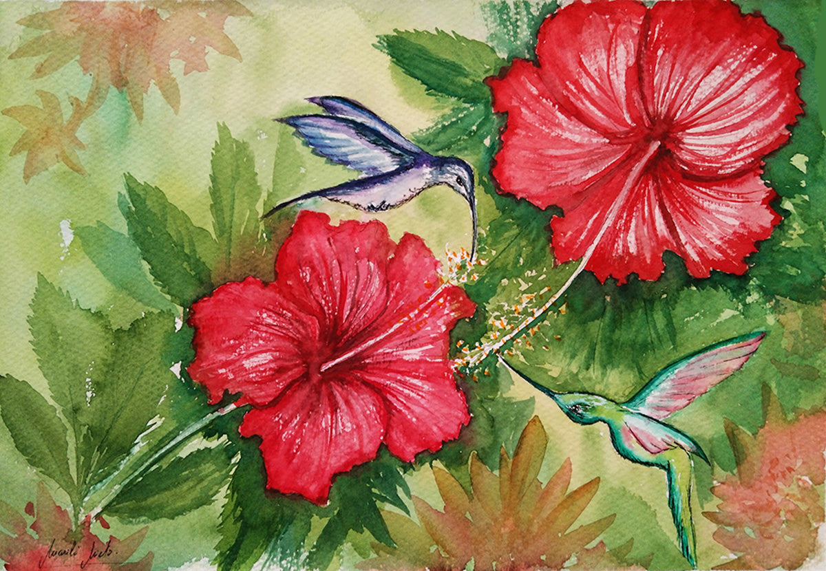Acuarela de dos colibríes alimentándose entre hibiscos rojos. Obra que simboliza la resiliencia, la armonía y la energía vital. Parte de la colección Colibrí.