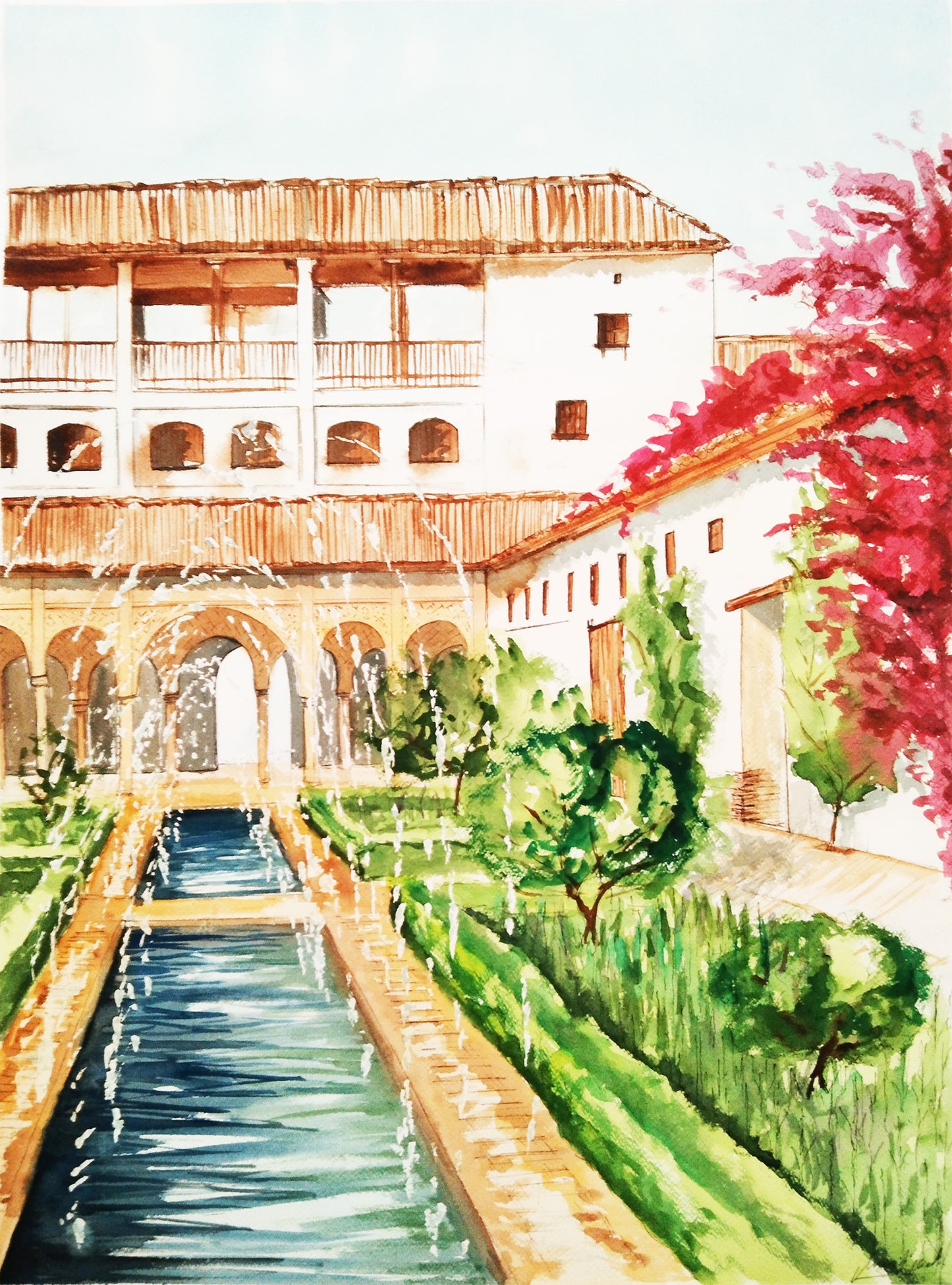 Acuarela de los Jardines del Generalife, mostrando la fuente alargada, chorros de agua y la exuberante naturaleza que rodea la arquitectura árabe.