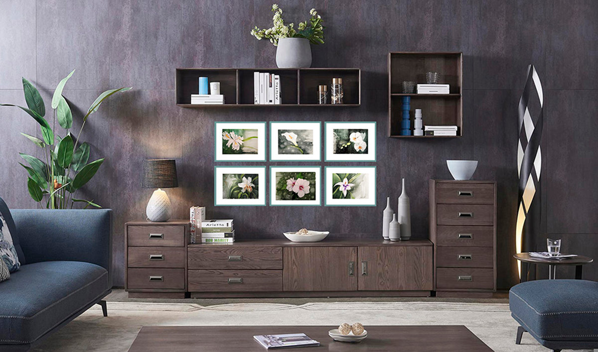 Gladiolo de Abisinia junto a otras acuarelas de la colección Jardín de Flores Blancas, todas inspiradas en el crecimiento interior.