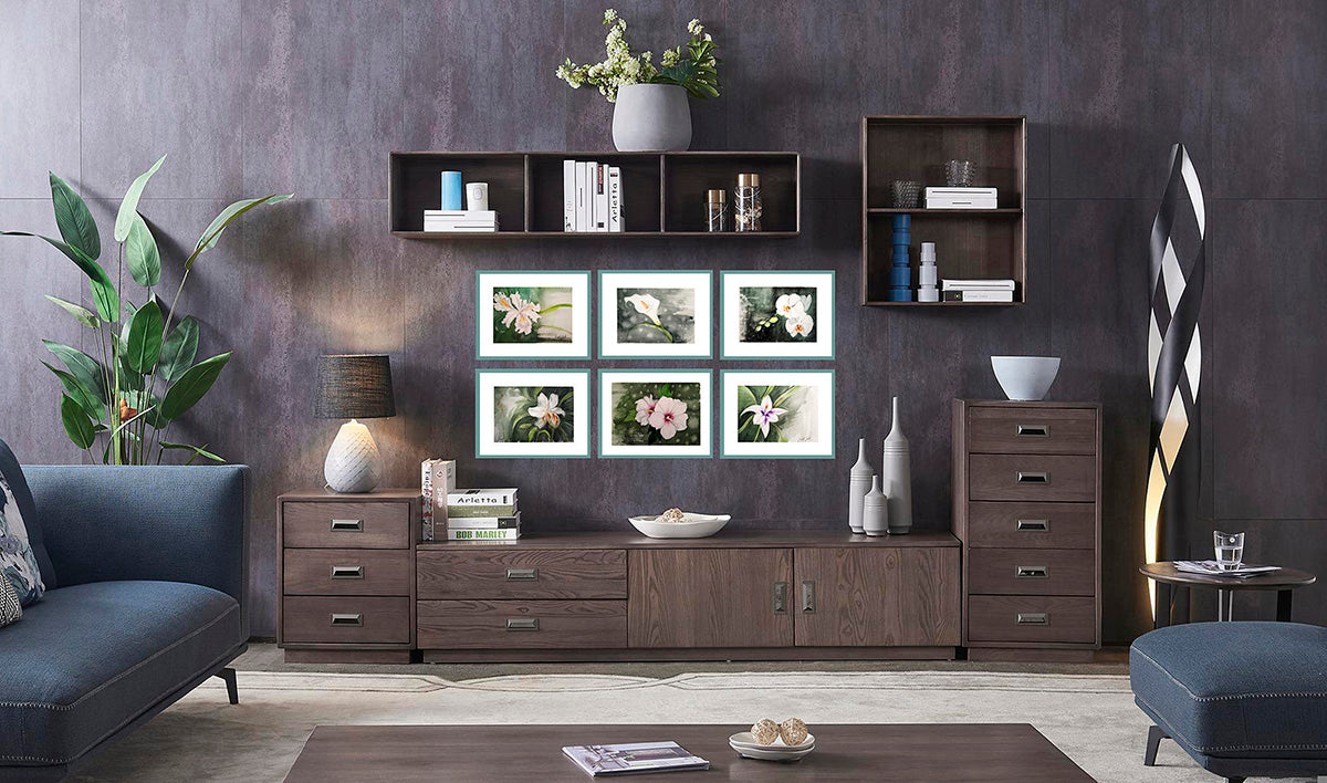 Gladiolo de Abisinia junto a otras acuarelas de la colección Jardín de Flores Blancas, todas inspiradas en el crecimiento interior.