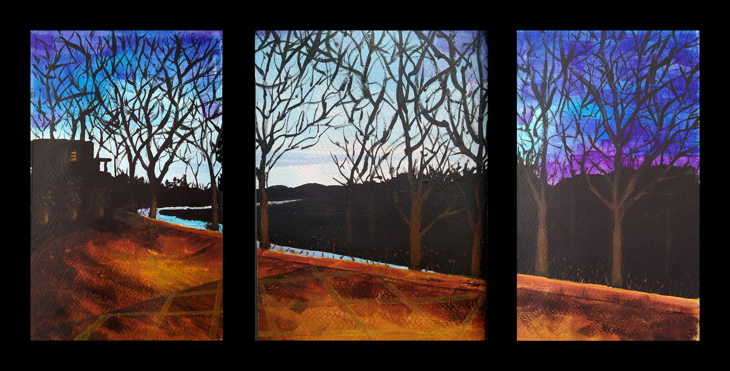 Acrílico sobre acuarela que representa un paisaje post DANA con esperanza, resiliencia y renacimiento. Parte de la colección Bosques Interiores