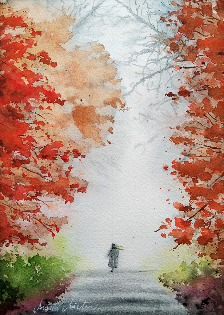 Acuarela Niebla en el Bosque, una figura solitaria camina entre árboles otoñales envueltos en niebla. Obra introspectiva de la colección Bosques Interiores.