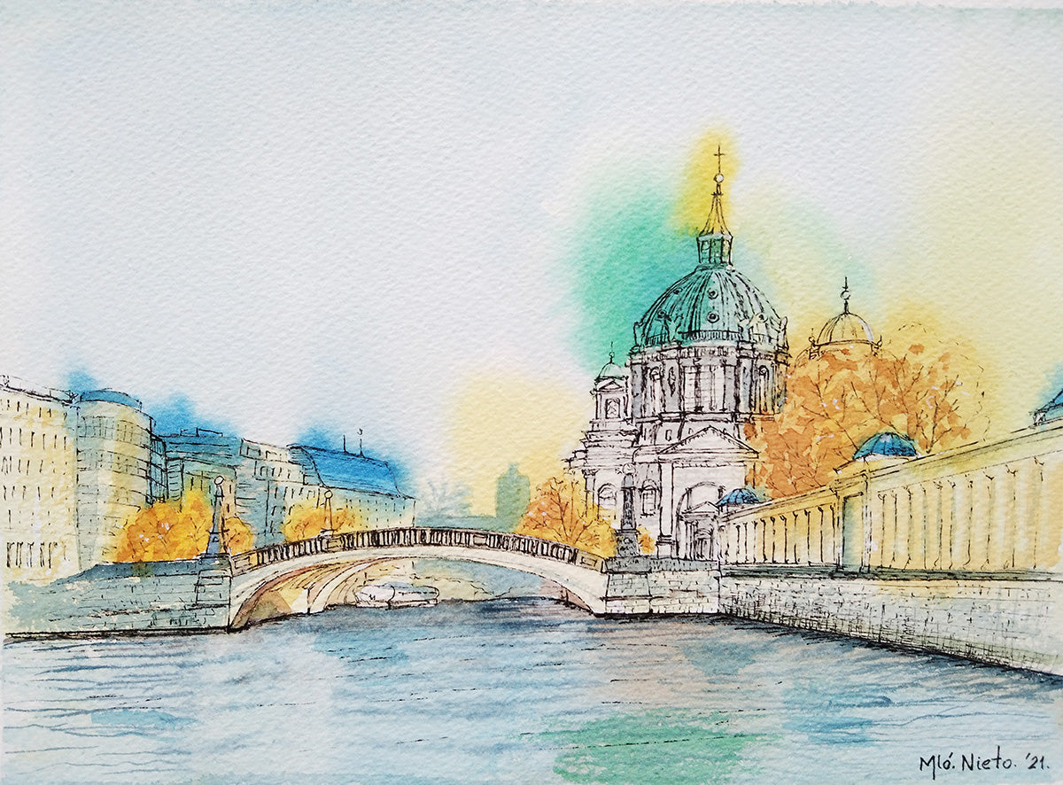 Acuarela Otoño en Berlín, con cúpulas azules y árboles dorados reflejando calma y contemplación urbana en clave otoñal.