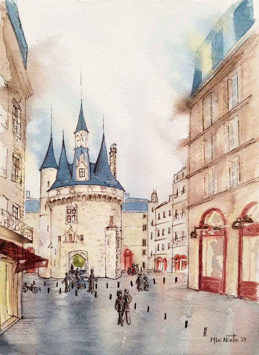 Acuarela Paseo hacia Cailhau en Burdeos, con arquitectura húmeda y figuras etéreas. Escena nostálgica pintada durante la pandemia.