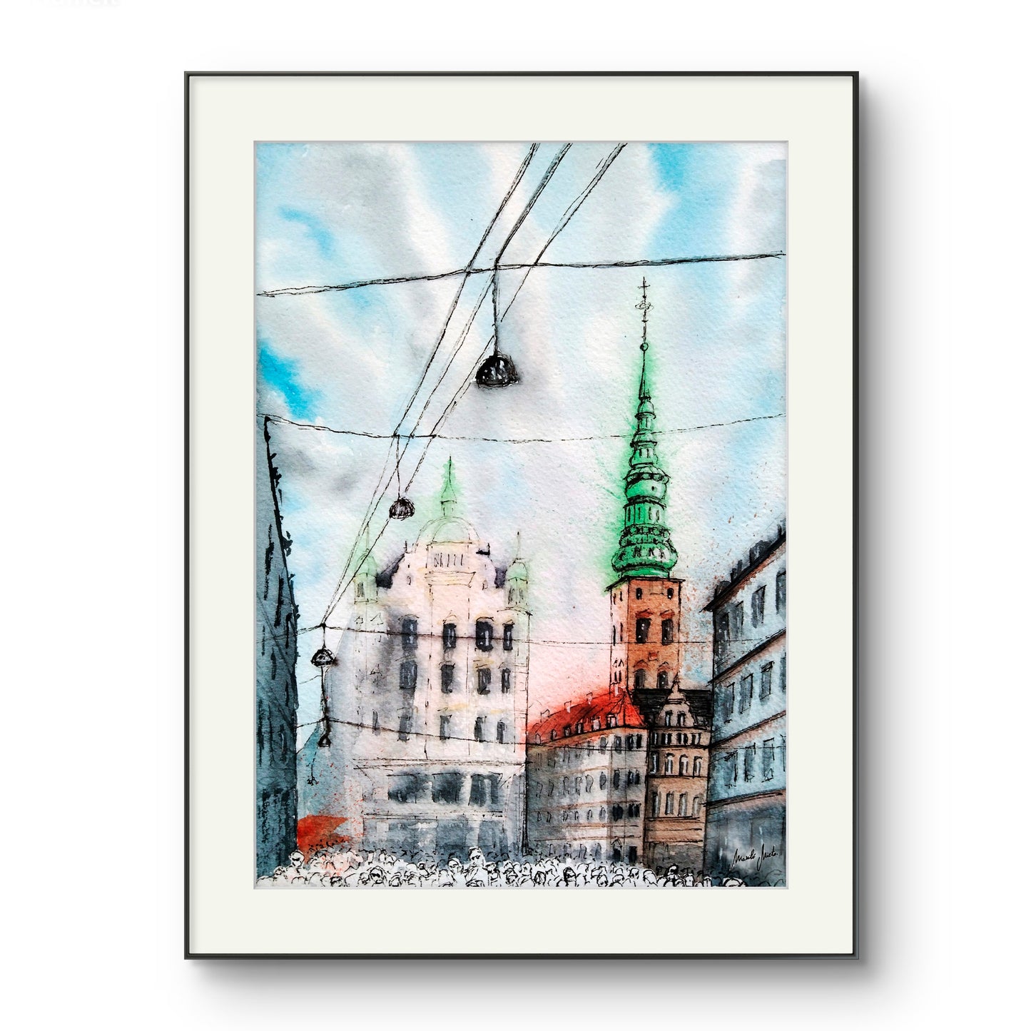 Cuadro Calle Strøget enmarcado, colgado en una pared de interior escandinavo. Arte urbano en acuarela con estilo poético.