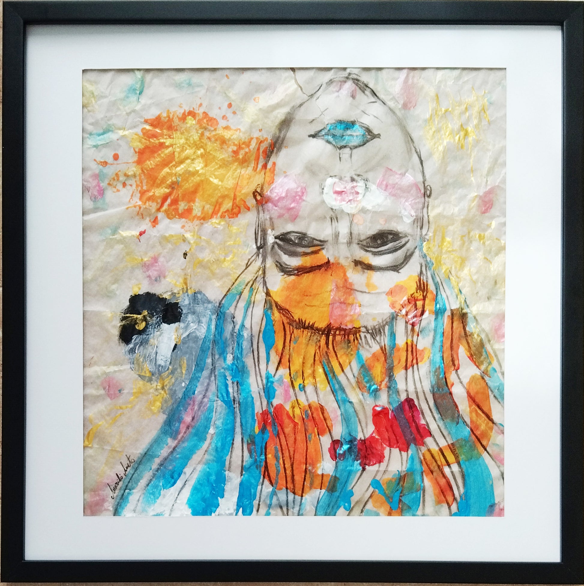 Imagen principal de la obra Cargas enmarcada. Obra realizada en acrílico y carboncillo. Se ven las manchas de color y un autoretrato cabeza abajo pintado en carboncillo.