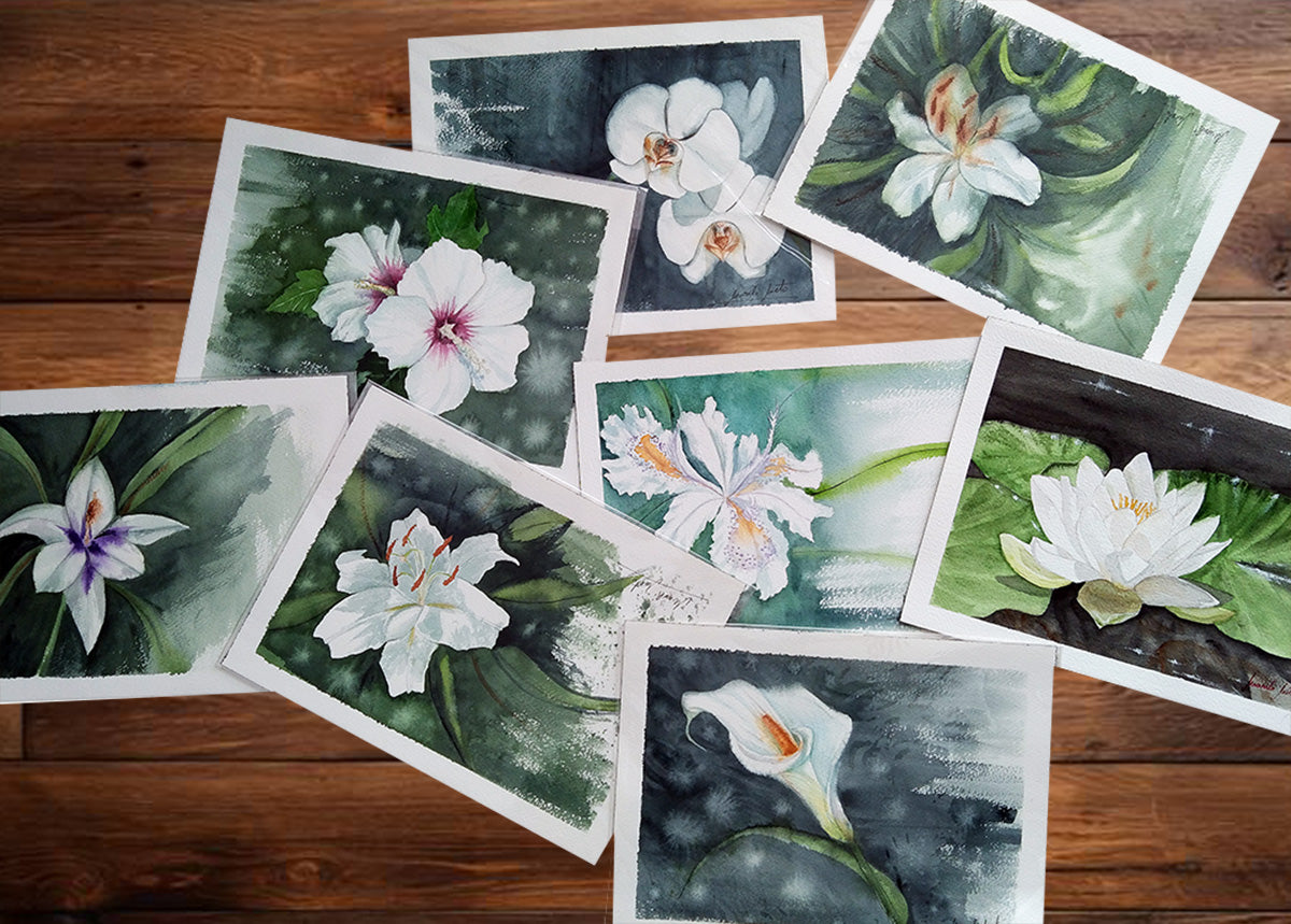 Nenúfar blanco junto a otras acuarelas de la colección Jardín de Flores Blancas, todas inspiradas en el crecimiento interior."