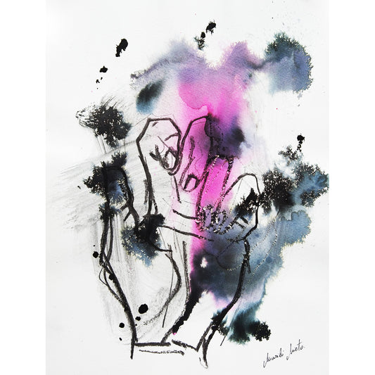 Acuarela de la Mano Retorcida, con un gesto de desesperación sobre fondo rosa fucsia. Una obra que transmite resiliencia y sentido del humor. Formato cuadrado.