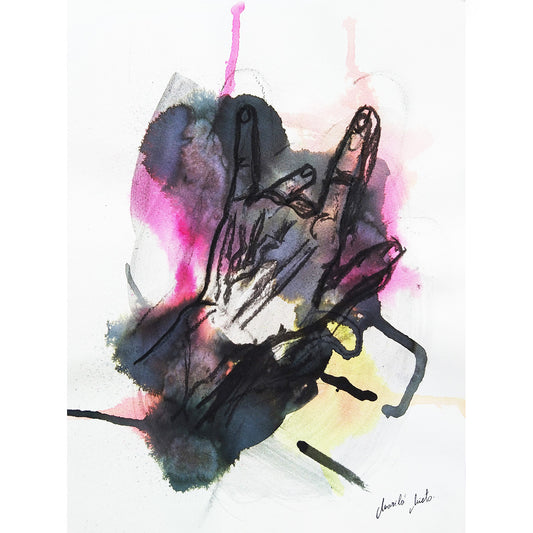 Dibujo expresivo de la mano como un caracol, realizado en acuarela y carboncillo, símbolo de dedicación al trabajo creativo. Formato cuadrado.