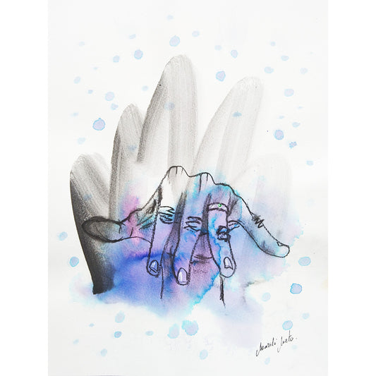 Dibujo de una mano extendida para ser besada, sobre fondo violeta en acuarela. Gesto elegante y símbolo de elección infantil. Formato cuadrado.
