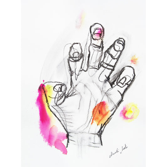 Dibujo expresivo de la mano en forma de garra felina, realizado en acuarela y carboncillo, simboliza fuerza, lucha y resiliencia. Formato cuadrado.