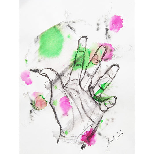 Dibujo de una mano en acuarela verde y rosa fucsia, saliendo por una ventanilla y jugando con el viento. Gesto de libertad primaveral. Formato cuadrado.