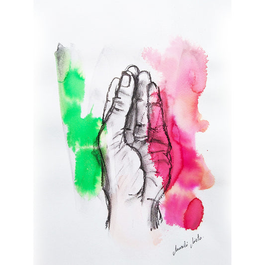 Dibujo expresivo de la Mano Italiana que esconde una intención firme de auto afirmación, realizado en acuarela y carboncillo. Arte sobre claridad y autoafirmación. Formato cuadrado.