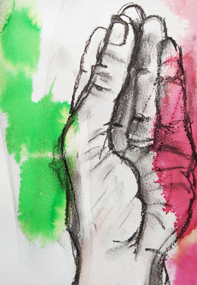 Gesto de la Mano Italiana, mostrando la precisión del trazo en acuarela y carboncillo