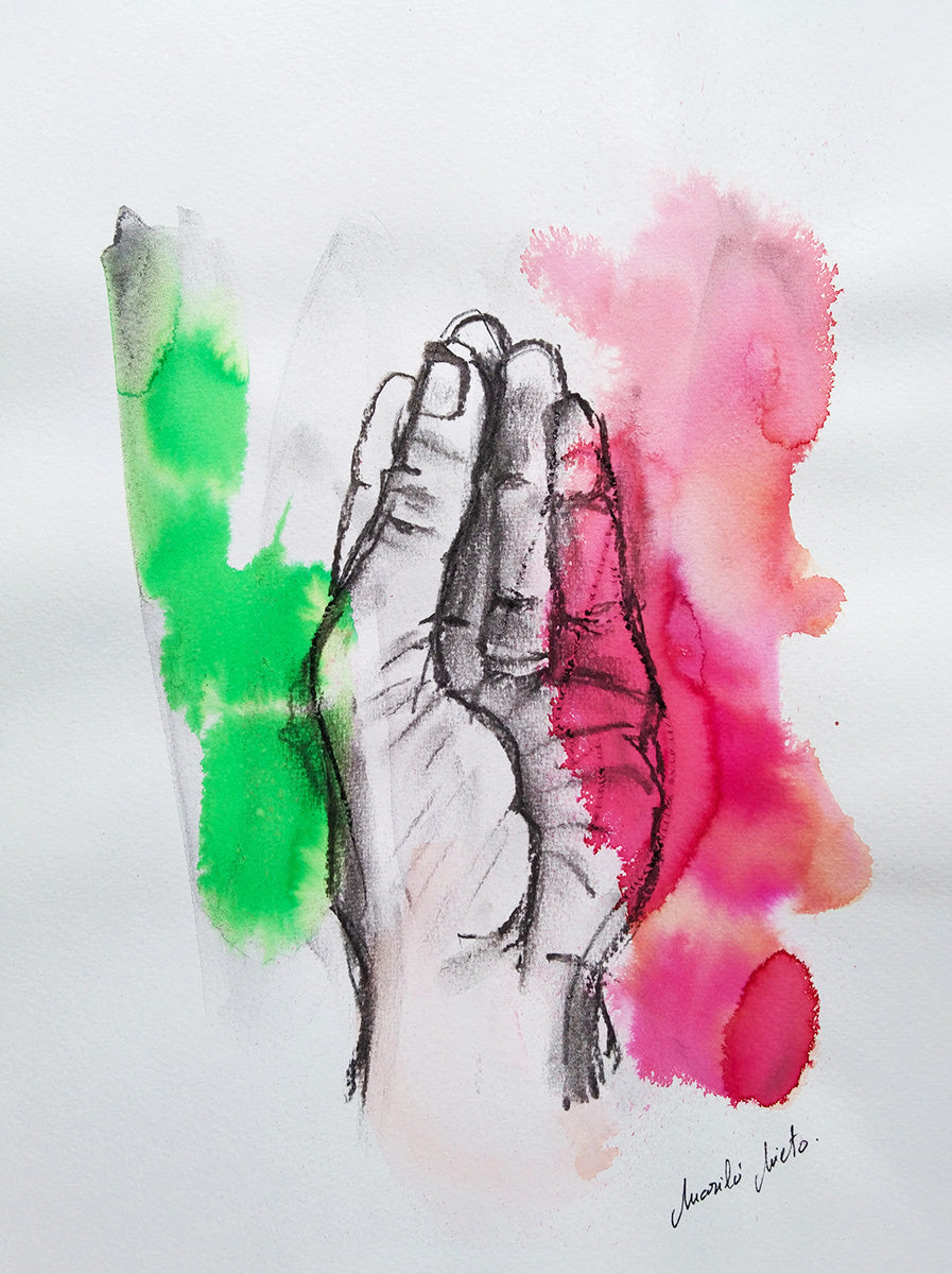 Dibujo expresivo de la Mano Italiana que esconde una intención firme de auto afirmación, realizado en acuarela y carboncillo. Arte sobre claridad y autoafirmación.