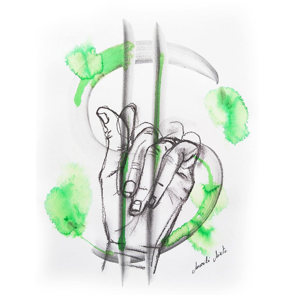 Dibujo expresivo de una mano haciendo el gesto del dinero, con acuarela verde y símbolo del dólar. Obra sobre abundancia y energía financiera positiva. Formato cuadrado.