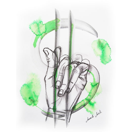 Dibujo expresivo de una mano haciendo el gesto del dinero, con acuarela verde y símbolo del dólar. Obra sobre abundancia y energía financiera positiva. Formato cuadrado.