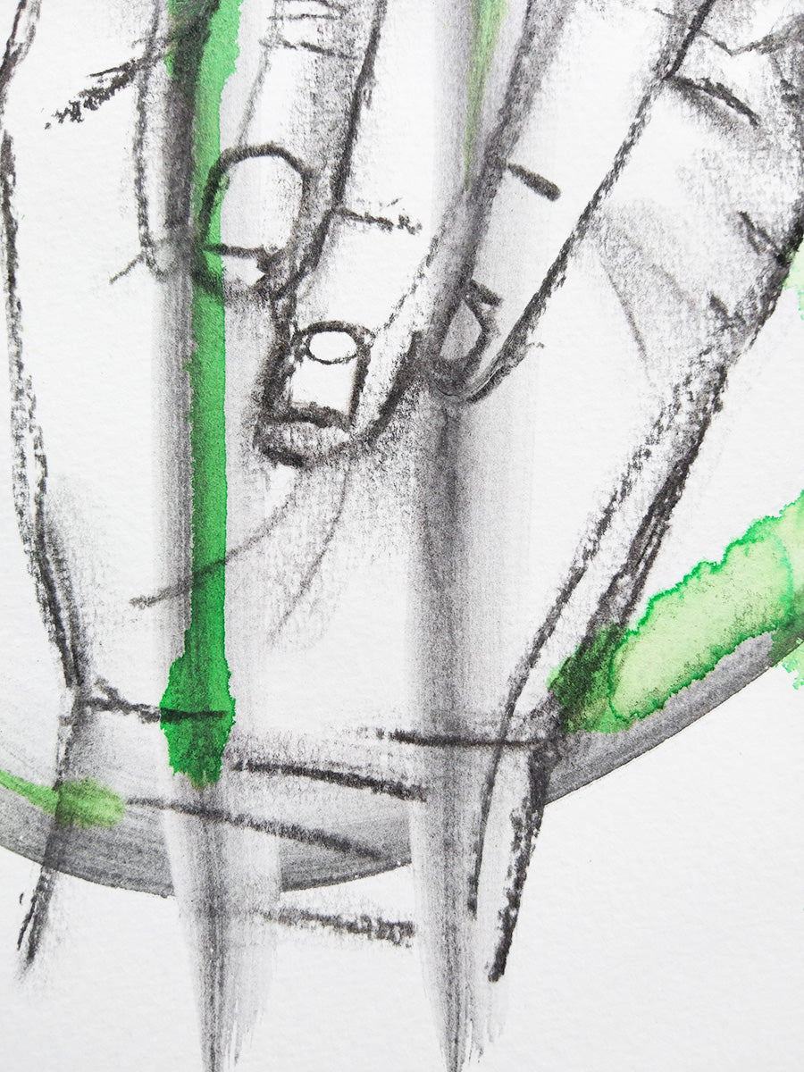 Detalle de la muñeca, manchas de grafito acuarelable sobre manchas verdes de acuarela, parte del gesto de la mano del dinero y detalle de firma.