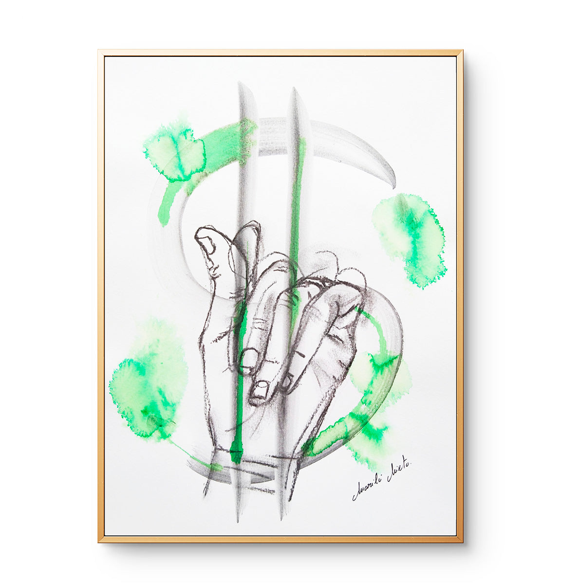 Obra 'Mano Adinerada' enmarcada en una pared moderna. Arte sobre riqueza consciente y energía de prosperidad.
