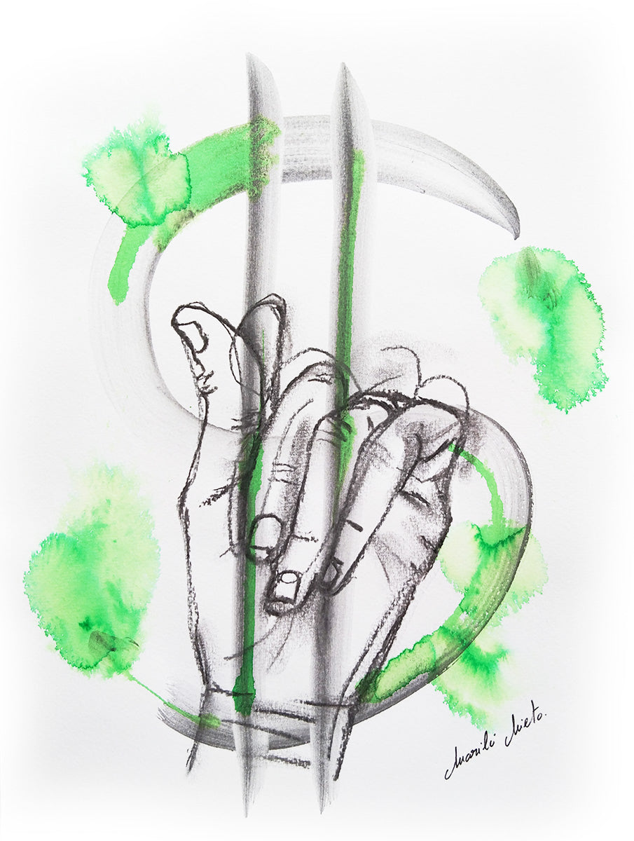 Dibujo expresivo de una mano haciendo el gesto del dinero, con acuarela verde y símbolo del dólar. Obra sobre abundancia y energía financiera positiva.