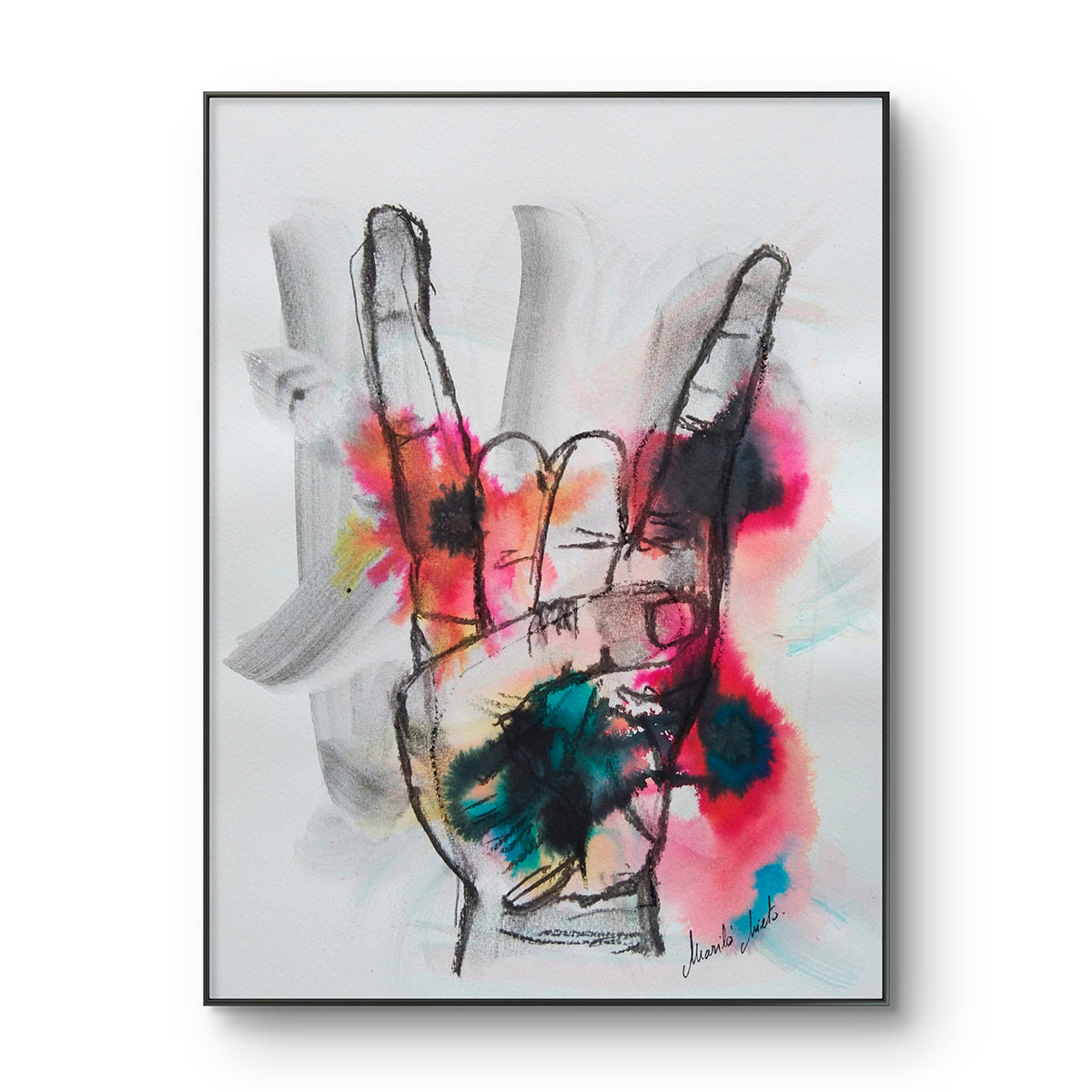 Dibujo 'Heavy' enmarcado, decorando un espacio moderno. Arte vibrante que celebra la libertad personal y el espíritu rebelde.