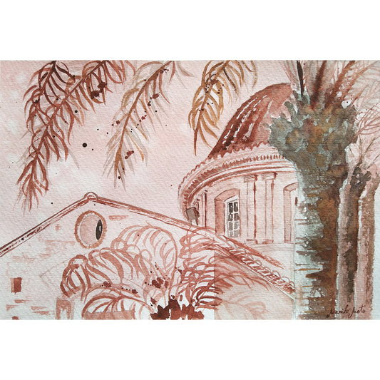 Acuarela de la cúpula de una iglesia en un pueblo de Valencia, con las palmeras del jardín agitadas por el viento de poniente. Colores sepia y marrón rojizo. Formato cuadrado.