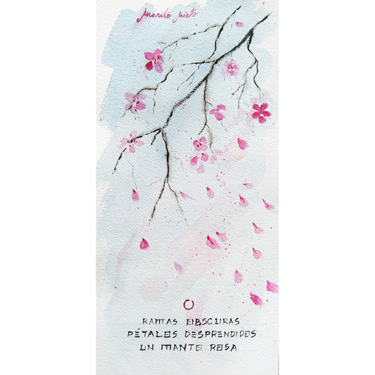 Ilustración en acuarela de una rama de almendro gris con flores cayendo, inspirada en un haiku sobre el final de la primavera y el cambio de estación. Formato cuadrado.