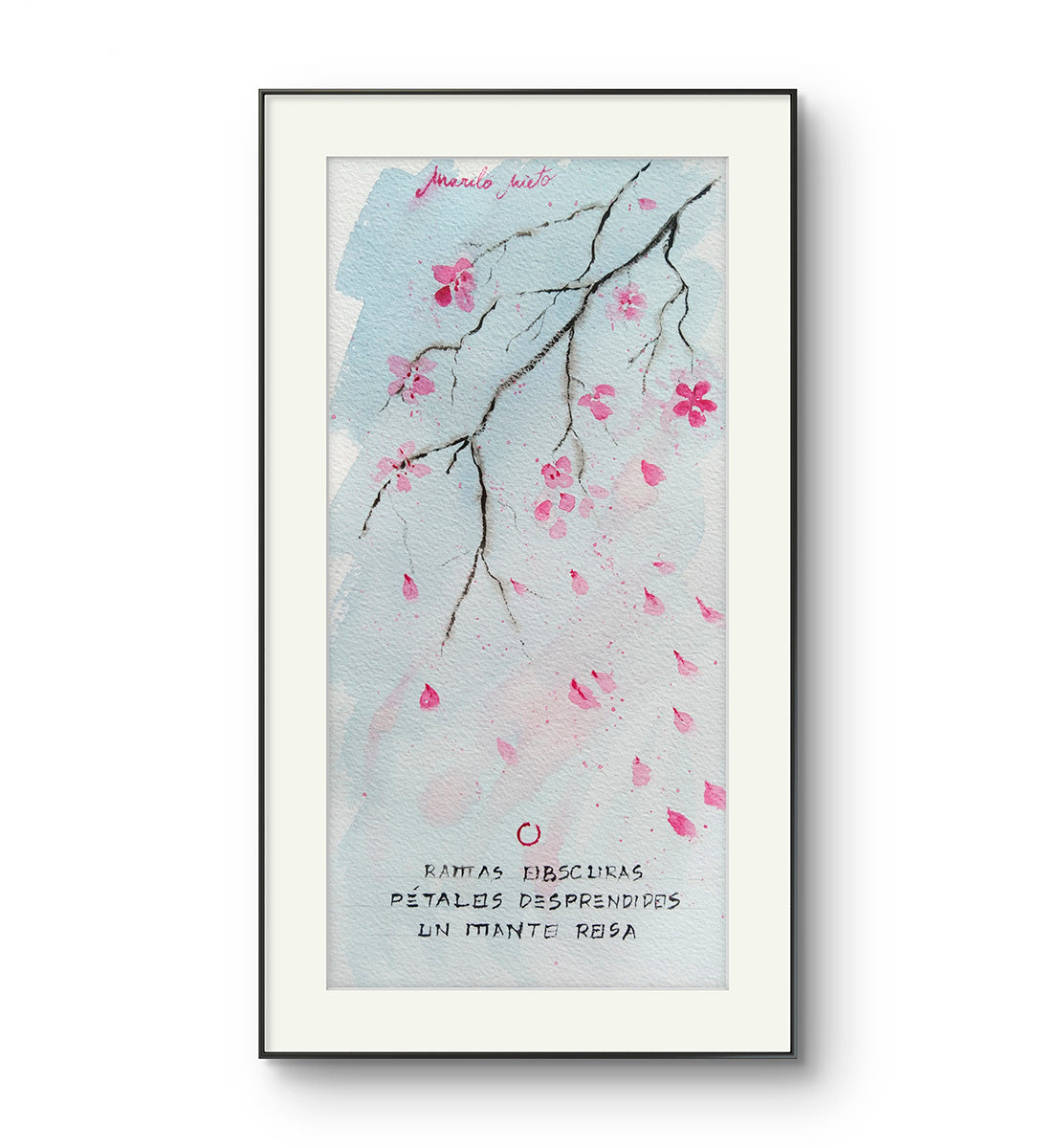 Haiku ilustrado “Adiós primavera” enmarcado y colgado en una pared clara.