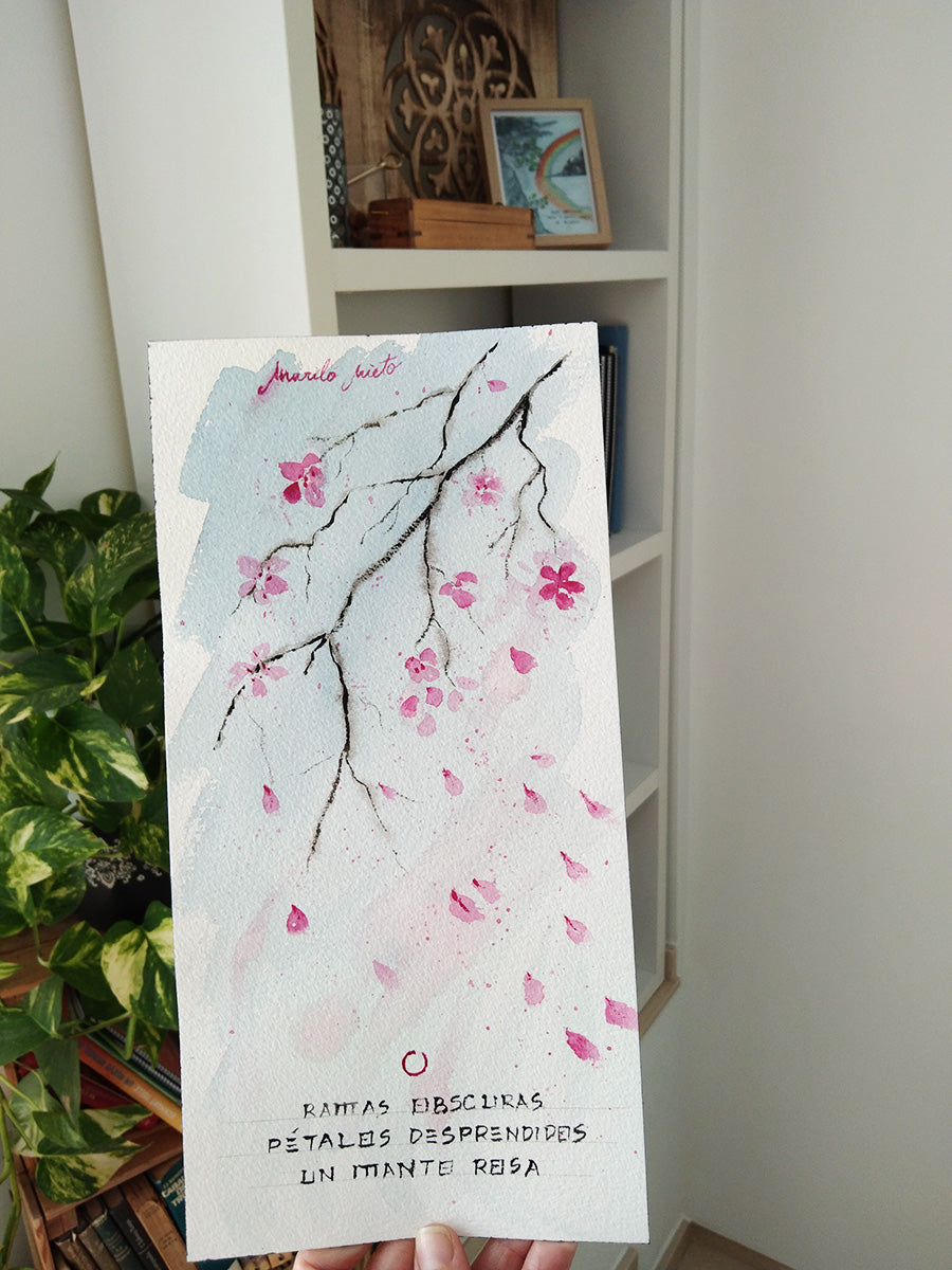 Vista completa del haiku “Adiós primavera” y escala, acompañado de la ilustración en acuarela de una rama de almendro.