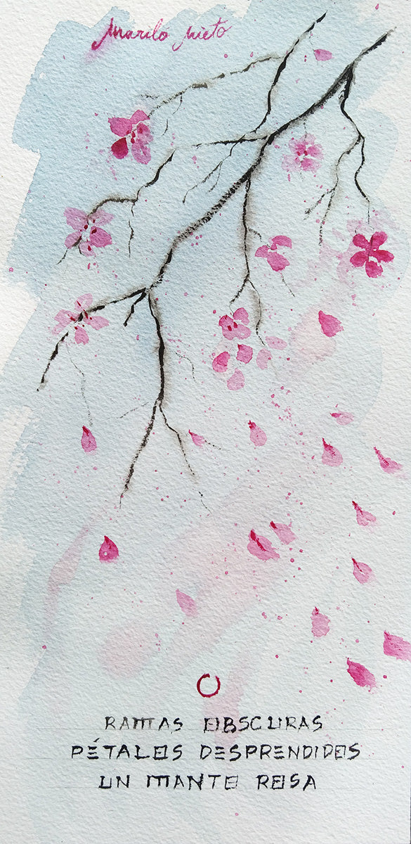 Ilustración en acuarela de una rama de almendro gris con flores cayendo, inspirada en un haiku sobre el final de la primavera y el cambio de estación. Formato cuadrado.