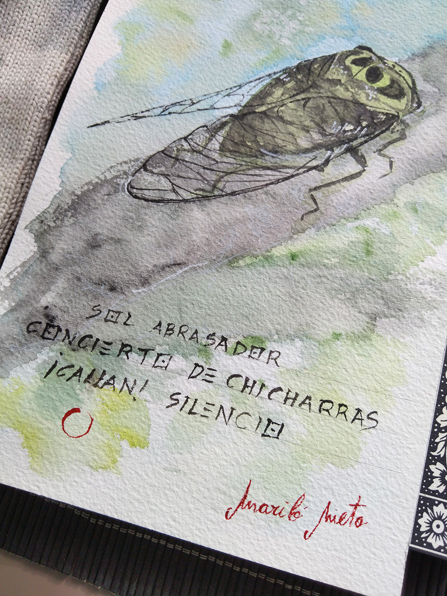 Primer plano de la chicharra en acuarela, destacando el trazo delicado y los detalles del cuerpo del insecto, con haiku y firma.