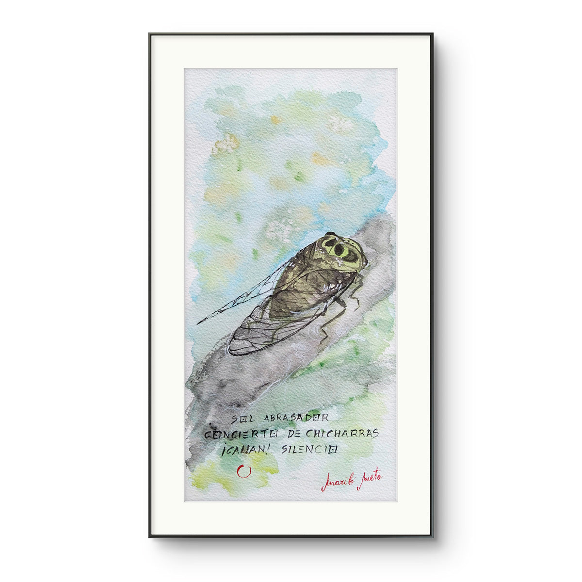 Acuarela de una chicharra sobre un tronco al sol, parte de un haiga contemporáneo inspirado en el verano y el canto natural, enmarcada.