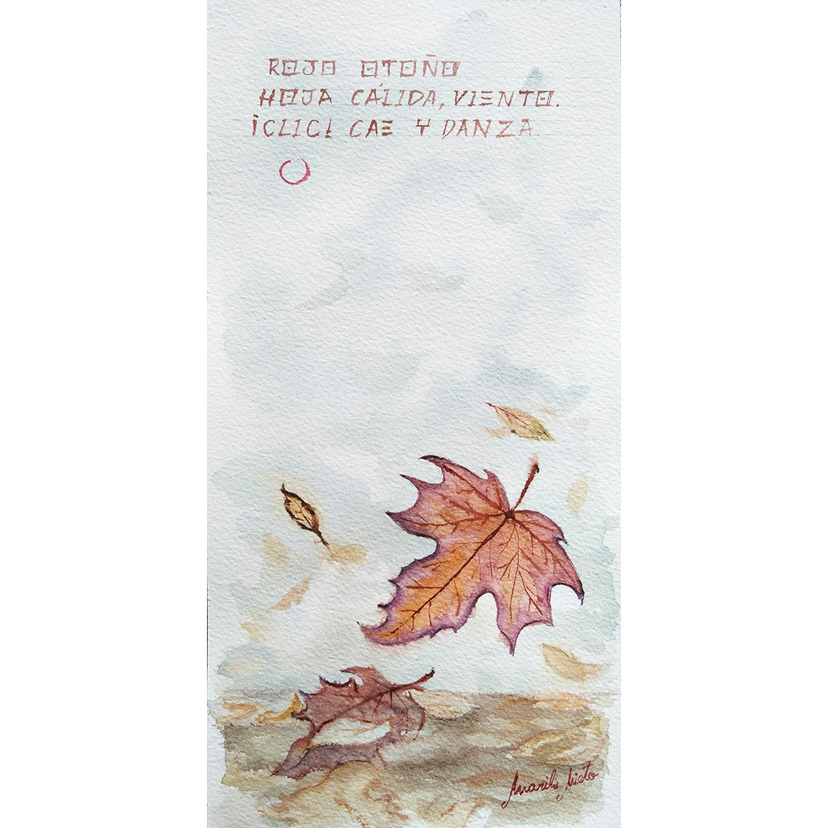 Acuarela de hojas otoñales cayendo sobre una alfombra de hojas secas. En primer plano, una hoja marrón captada en el instante previo a tocar la tierra. Inspirada en el haiku 'Rojo otoño / hoja cálida viento / ¡click! cae y danza'.