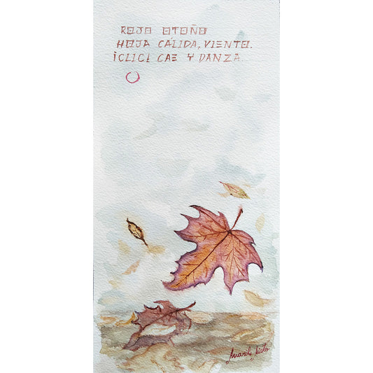 Acuarela de hojas otoñales cayendo sobre una alfombra de hojas secas. En primer plano, una hoja marrón captada en el instante previo a tocar la tierra. Inspirada en el haiku 'Rojo otoño / hoja cálida viento / ¡click! cae y danza'.