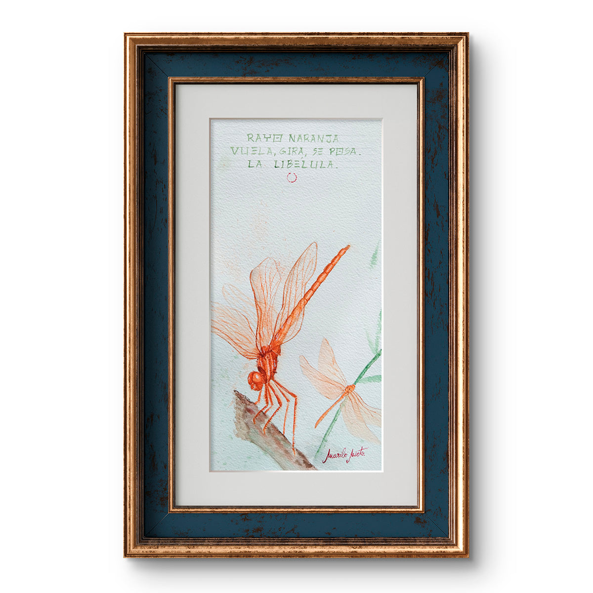 Haiga Libélulas enmarcada, decorando un espacio. Arte poético que inspira fluir y contemplación