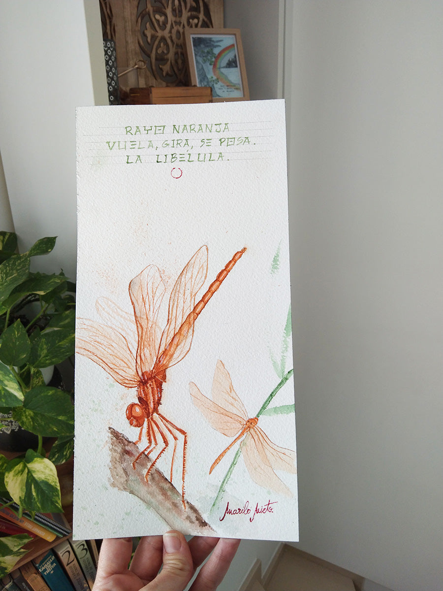 Vista a escala de la obra Libélulas, con luz natural resaltando los tonos cálidos y la suavidad del haiku ilustrado