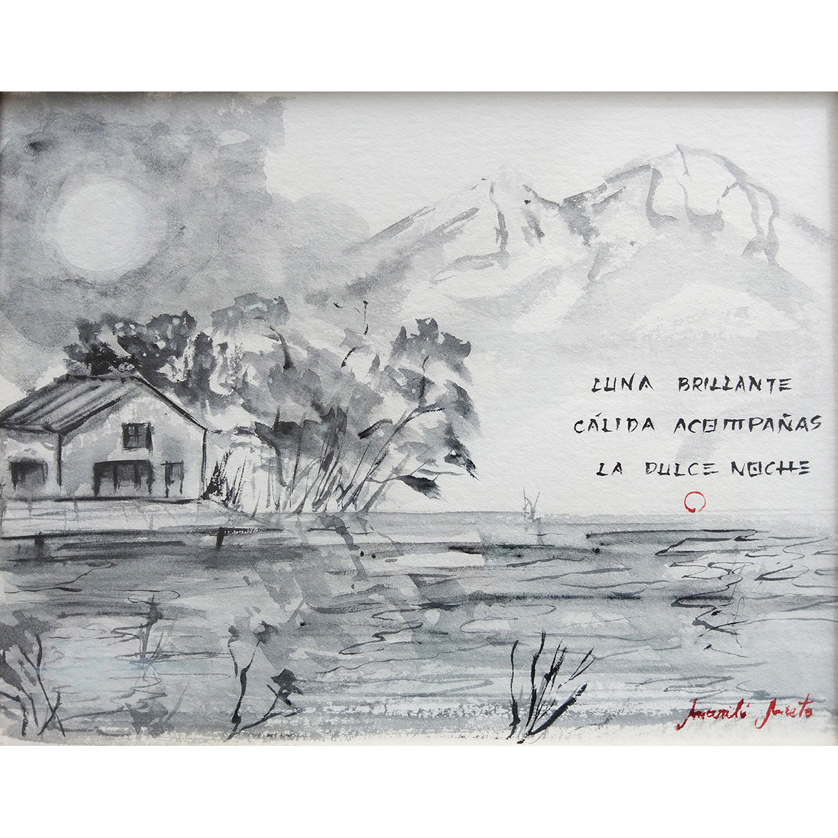 Haiga Luna Brillante de Mariló Nieto, paisaje monocromo en grises con lago, casa, árboles, montañas nevadas y luna llena sobre el horizonte. Formato cuadrado.