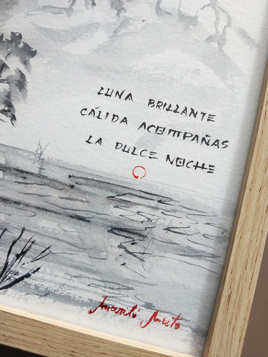 Detalle del haiku,  reflejo del lago y firmaen el haiga Luna Brillante, con suaves matices en acuarela gris."
