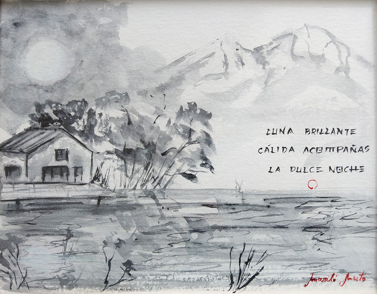 Haiga Luna Brillante de Mariló Nieto, paisaje monocromo en grises con lago, casa, árboles, montañas nevadas y luna llena sobre el horizonte.